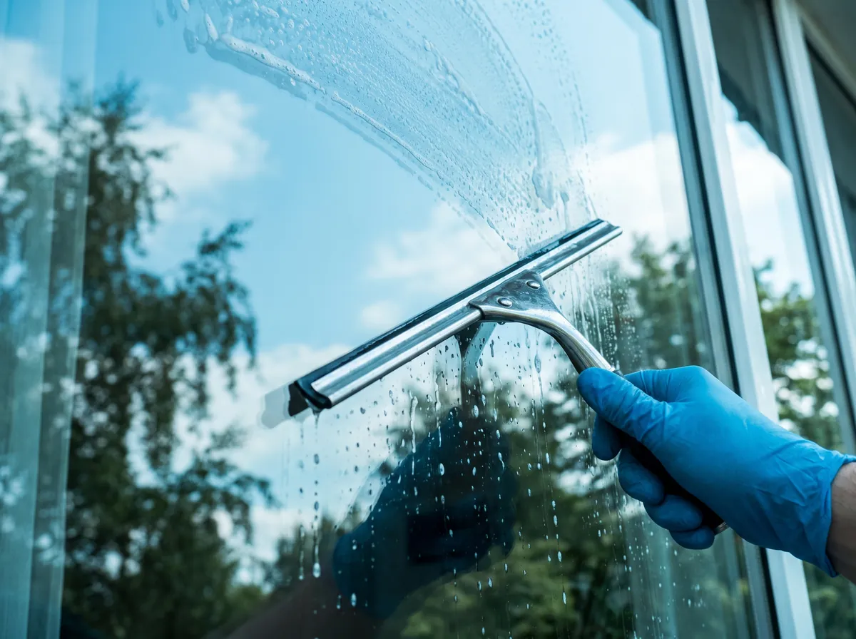 Hand im Handschuh zieht einen Abzieher über eine nasse Fensterscheibe