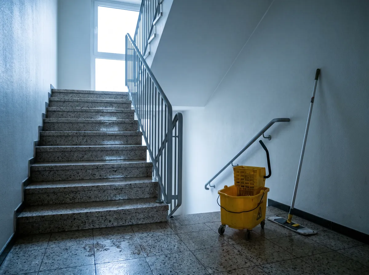 Frisch gewischtes Treppenhaus mit Wischeimer auf dem Absatz