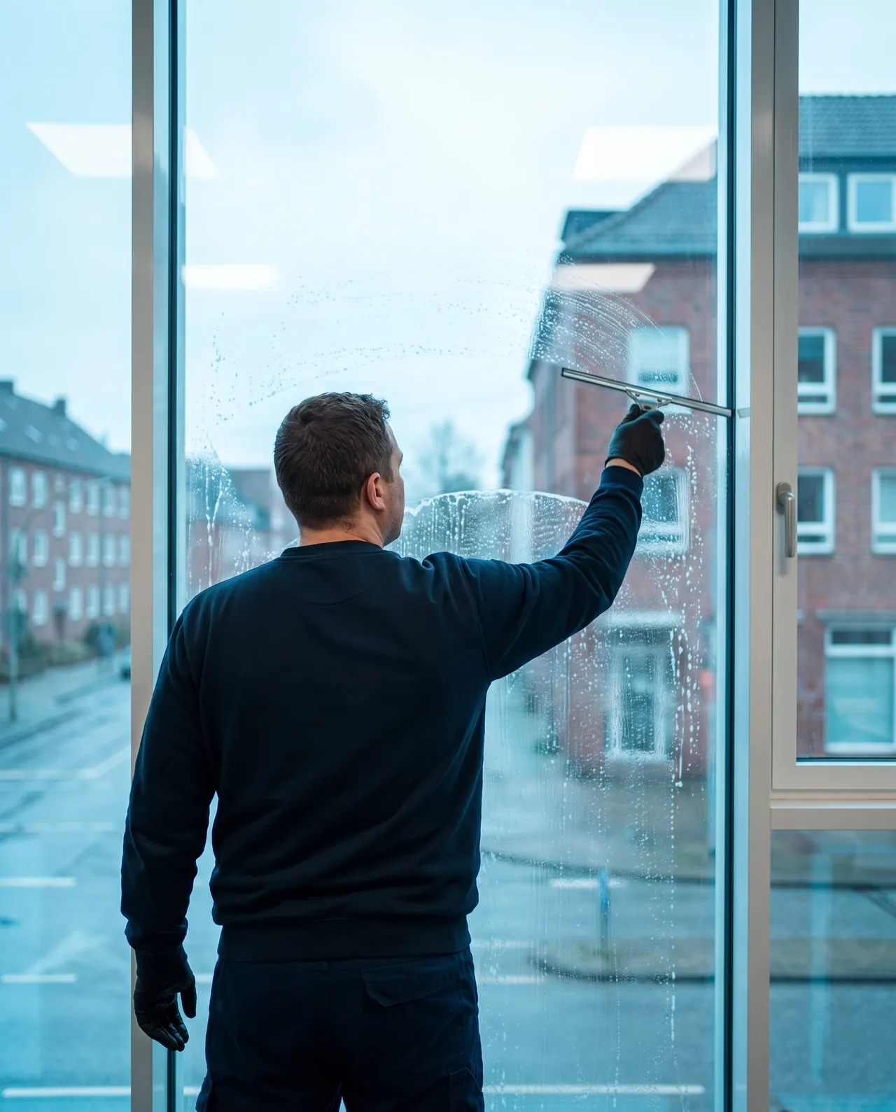 Fensterreiniger zieht einen Abzieher über eine große Glasscheibe